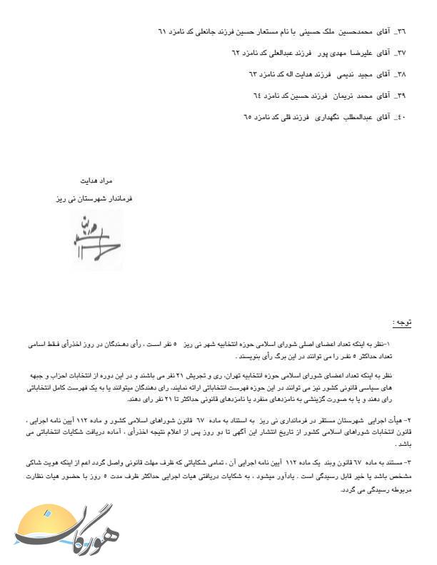 اعلام اسامی نامزدهای تأیید صلاحیت شده انتخابات شورای شهر نی‌ریز، قطرویه و مشکان
