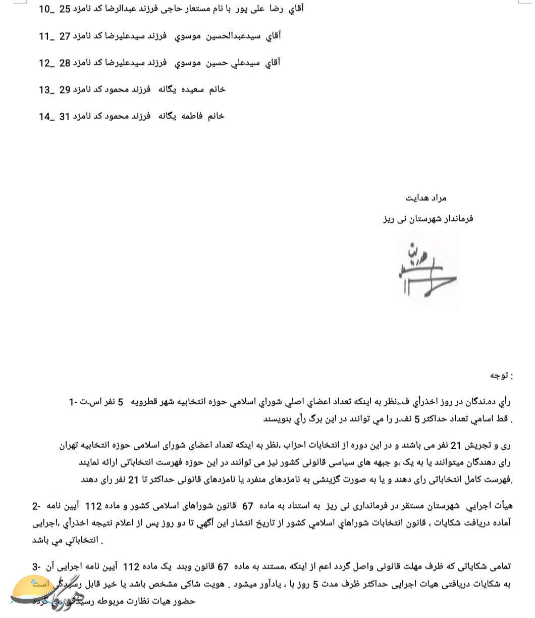اعلام اسامی نامزدهای تأیید صلاحیت شده انتخابات شورای شهر نی‌ریز، قطرویه و مشکان