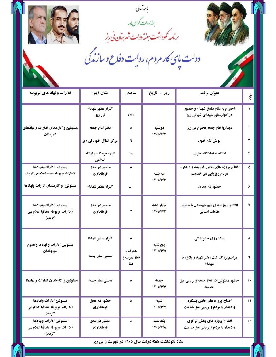 برنامه‌های هفته دولت در شهرستان نی‌ریز اعلام شد