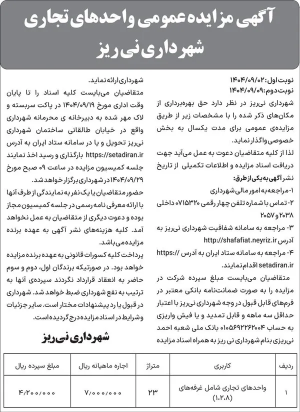آگهی  مزایده عمومی  واحد&zwnj;های تجاری 
شهرداری نی &zwnj;ریز