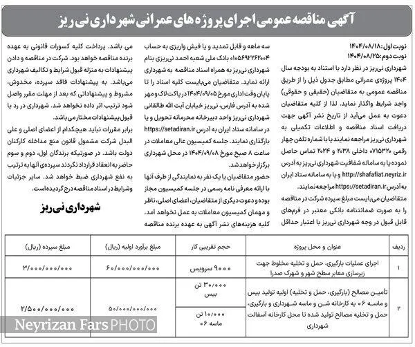 آگهی  مناقصه عمومی اجرای پروژه های عمرانی شهرداری نی &zwnj;ریز